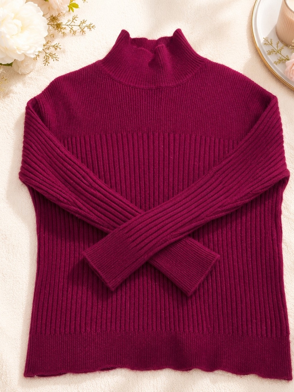JAC Jacqueline Conoir Ribbed Turtleneck Sweater Berry Wine Color Size M